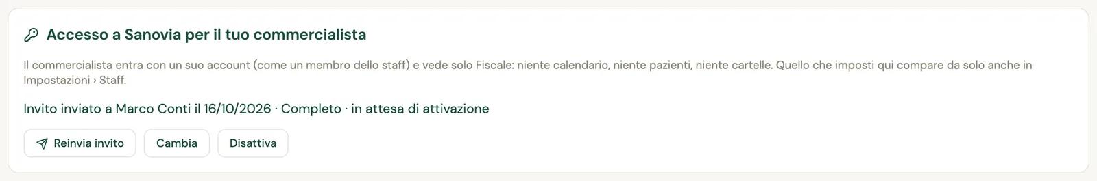 Il riquadro dell'accesso con Invito inviato a Marco Conti, livello Completo, in attesa di attivazione, e i pulsanti Reinvia invito, Cambia e Disattiva