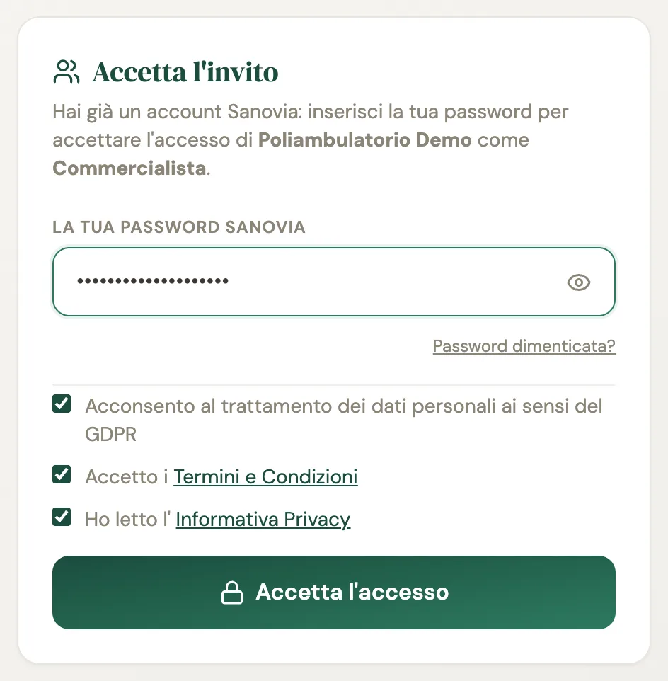 La pagina Accetta l'invito che riconosce l'account già esistente e chiede la password Sanovia per accettare l'accesso di Poliambulatorio Demo come Commercialista