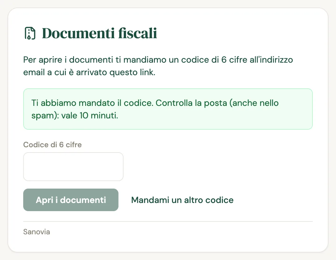 La pagina Documenti fiscali con il messaggio Ti abbiamo mandato il codice, il campo Codice di 6 cifre e i pulsanti Apri i documenti e Mandami un altro codice