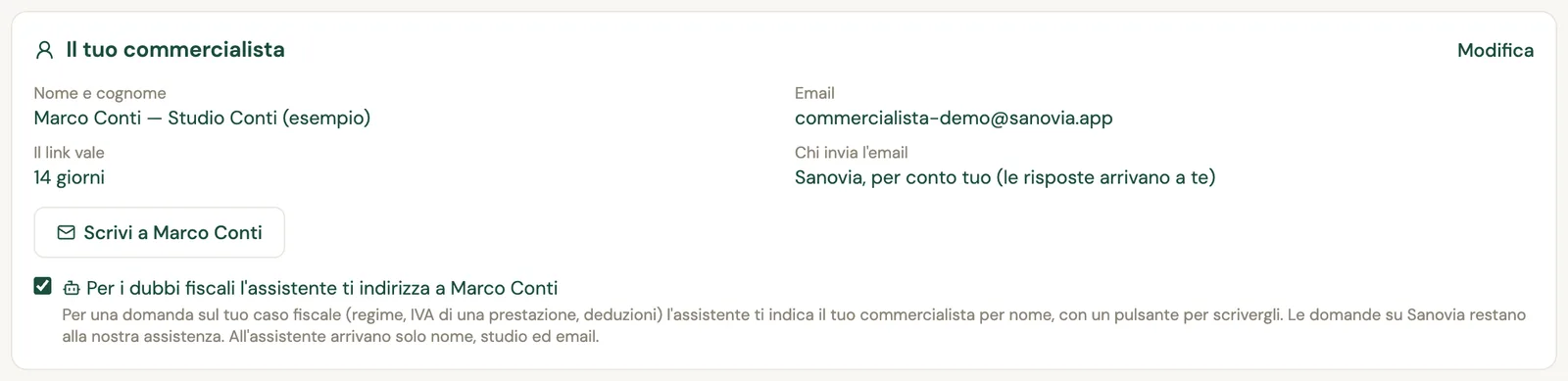 La scheda Il tuo commercialista con nome Marco Conti, studio, email, durata del link di 14 giorni, chi invia l'email, il pulsante Scrivi a Marco Conti e la casella dell'assistente
