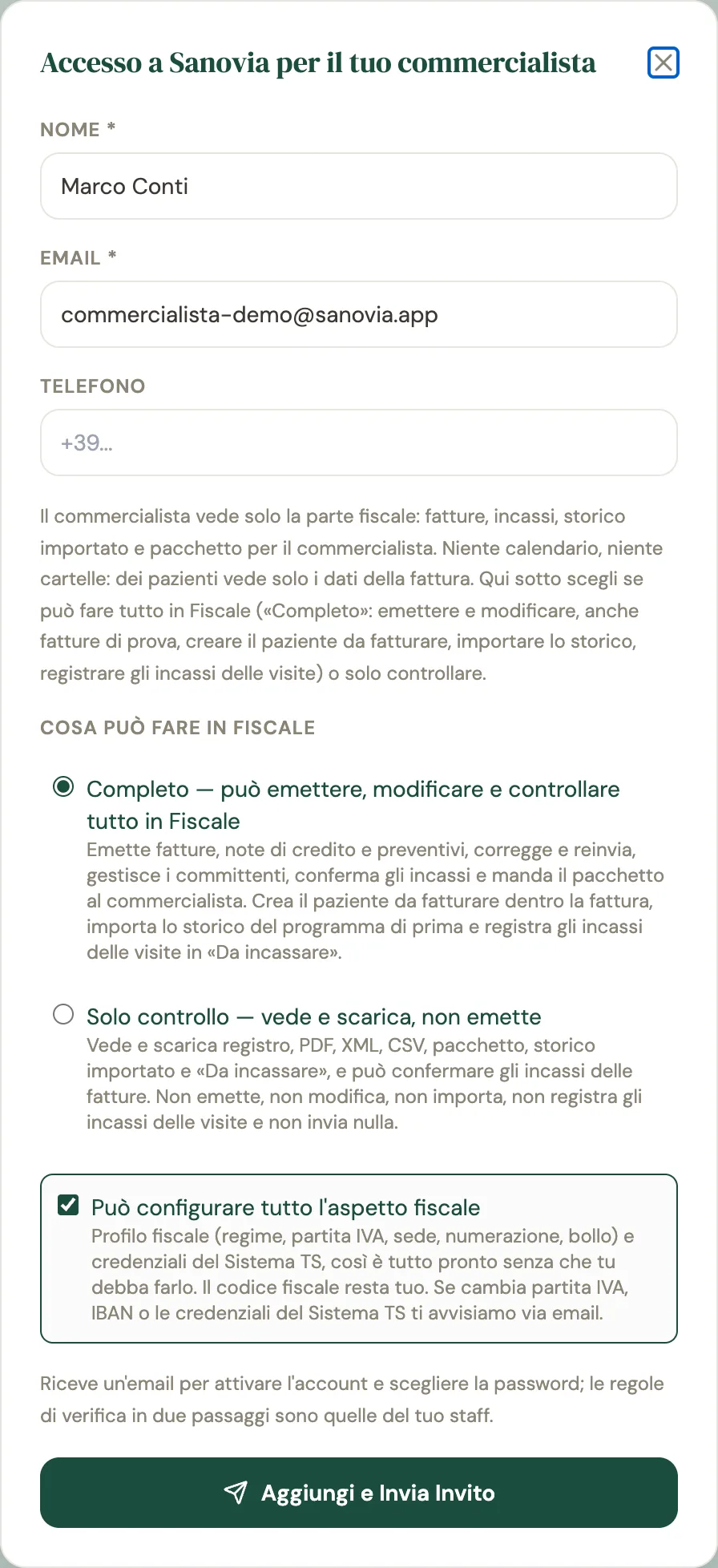 La finestra Accesso a Sanovia per il tuo commercialista con nome, email, telefono, la scelta tra Completo e Solo controllo e la casella Può configurare tutto l'aspetto fiscale