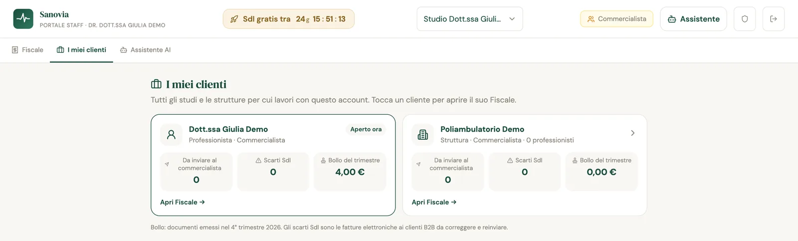 La pagina I miei clienti con due schede, la professionista Dott.ssa Giulia Demo e la struttura Poliambulatorio Demo, ciascuna con documenti da inviare, scarti SdI e bollo del trimestre