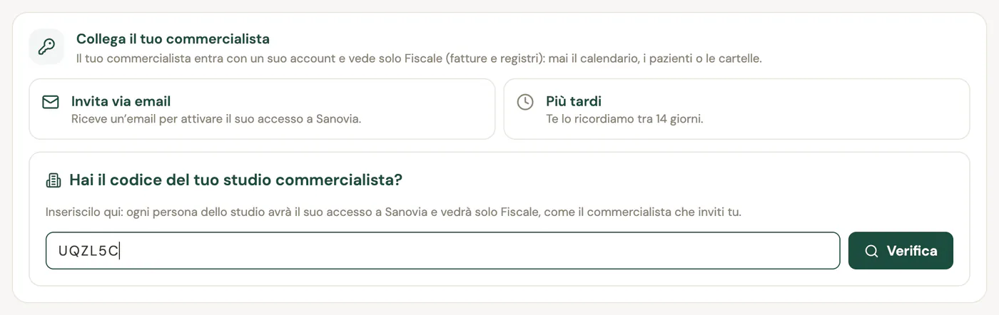 La scheda Collega il tuo commercialista con Invita via email, Più tardi e il campo per il codice dello studio con il codice UQZL5C e il pulsante Verifica