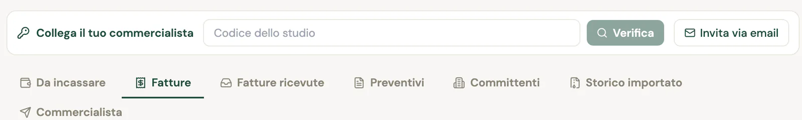 La pagina Documenti fiscali con in cima la striscia Collega il tuo commercialista con il campo Codice dello studio, Verifica e Invita via email