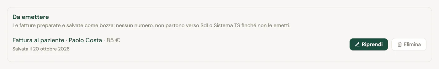 La scheda Da emettere con una fattura al paziente salvata come bozza e i pulsanti Riprendi ed Elimina