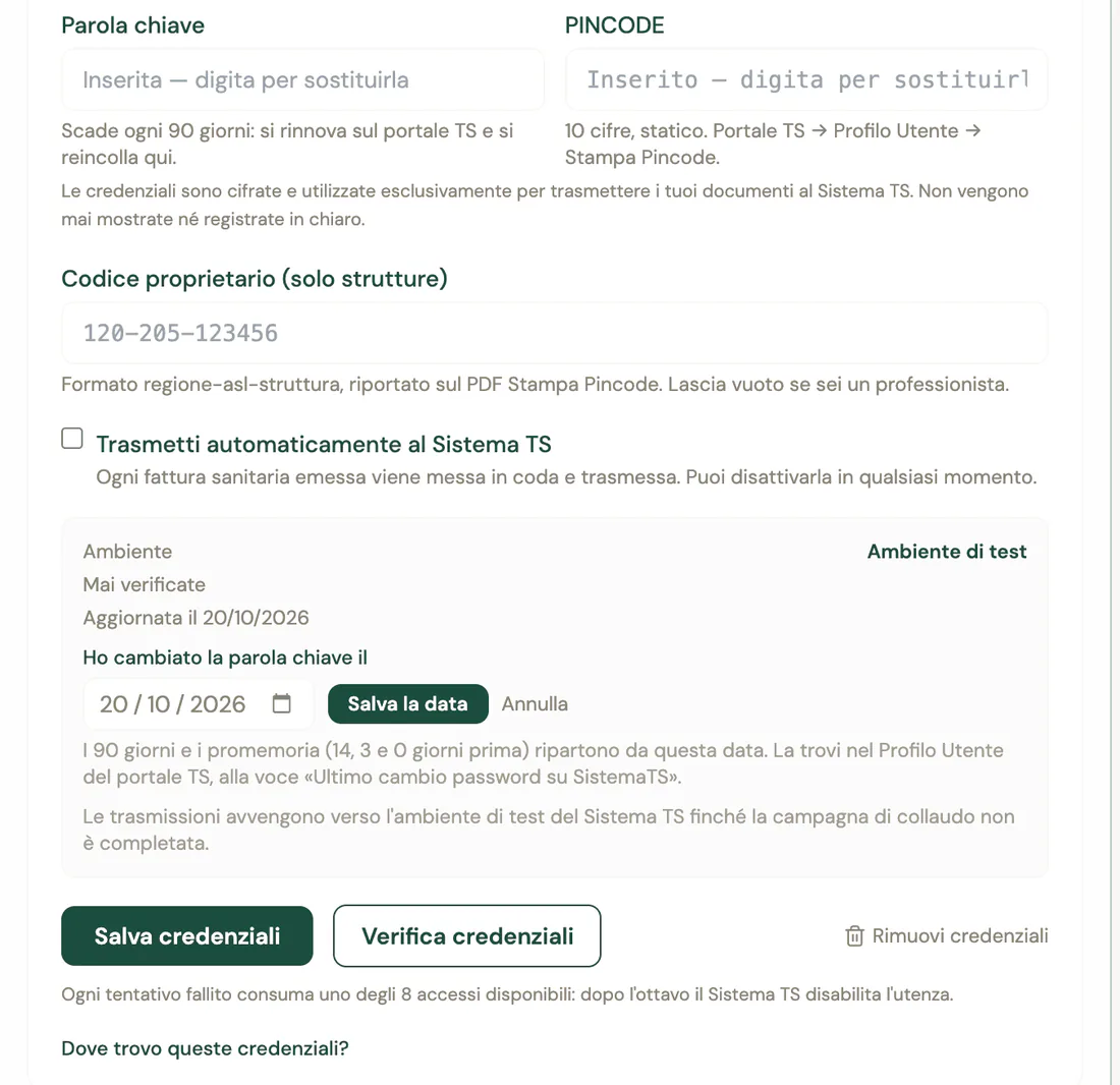 La scheda Sistema Tessera Sanitaria con parola chiave e PINCODE, la voce Ho cambiato la parola chiave il con la data e il pulsante Salva la data, e i pulsanti Salva credenziali e Verifica credenziali