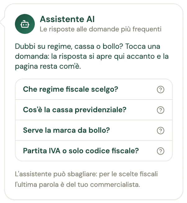 Il profilo fiscale con l'Assistente AI a fianco e le domande Che regime fiscale scelgo, Cos'è la cassa previdenziale, Serve la marca da bollo, Partita IVA o solo codice fiscale