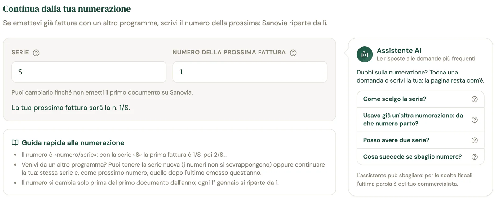 La pagina Continua dalla tua numerazione con serie e numero della prossima fattura, la guida rapida e l'Assistente AI con le domande sulla numerazione