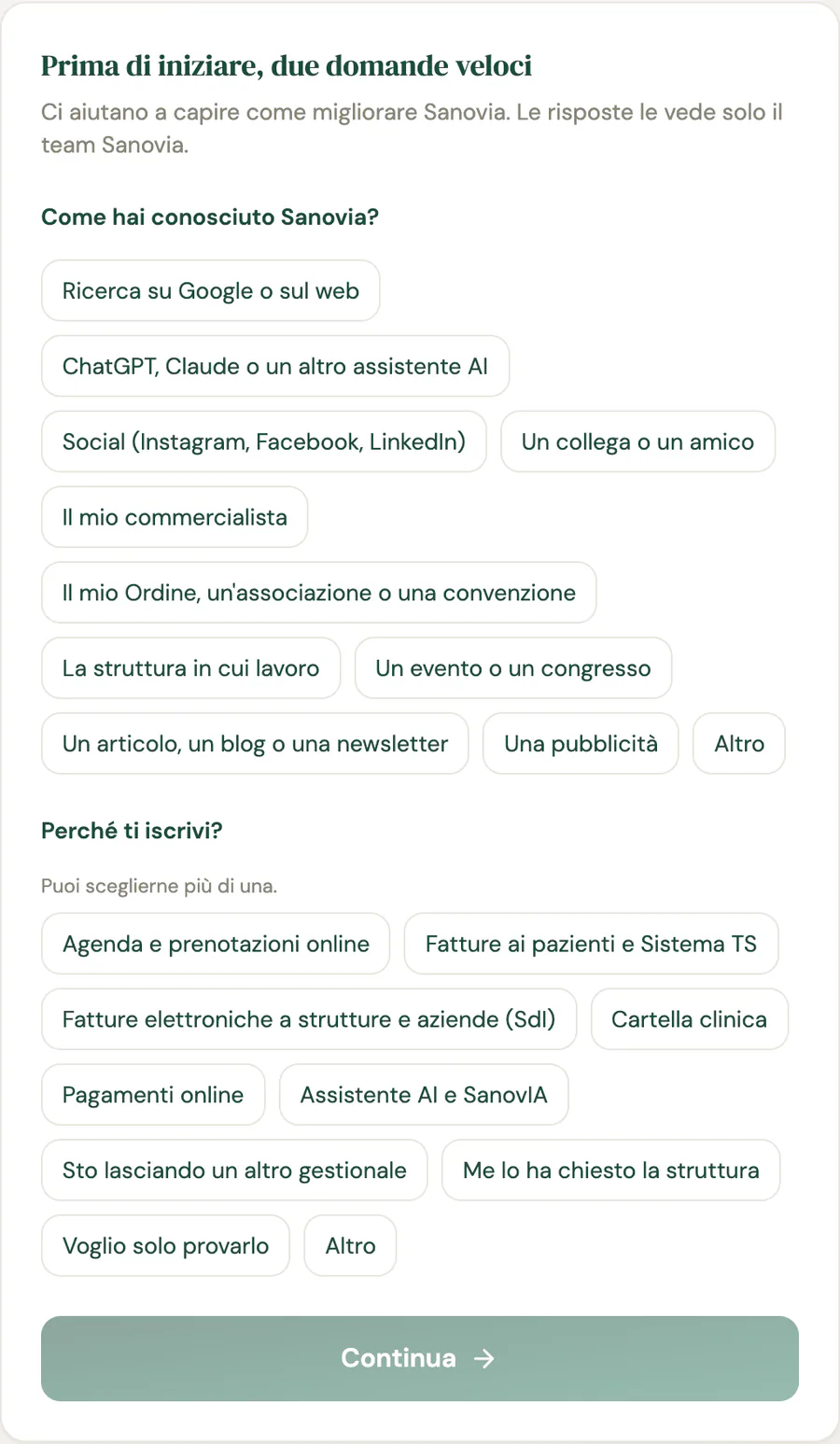 La schermata Prima di iniziare due domande veloci con le risposte Come hai conosciuto Sanovia, tra cui Il mio commercialista, e Perché ti iscrivi