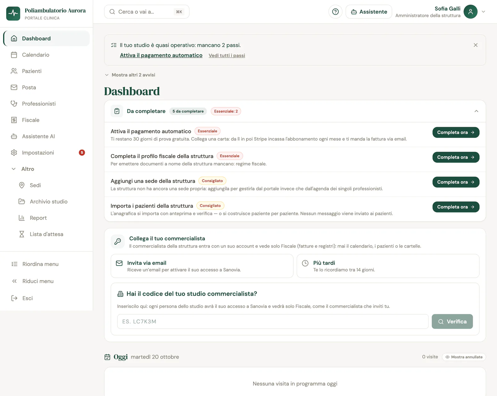 La Dashboard della struttura con la scheda Collega il tuo commercialista, Invita via email, Più tardi e il campo del codice dello studio
