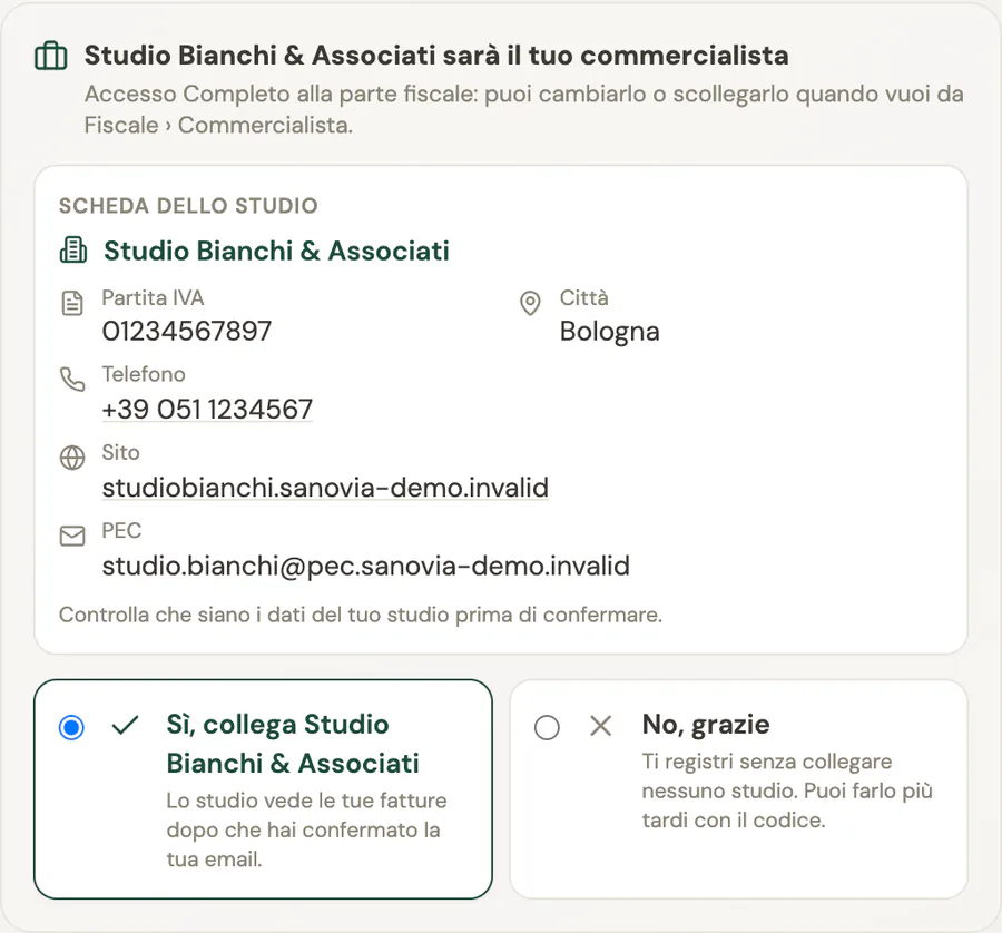 La registrazione professionista con la scheda dello studio, la scelta Sì collega oppure No grazie e le due modalità Solo fatturazione e Agenda e studio completo