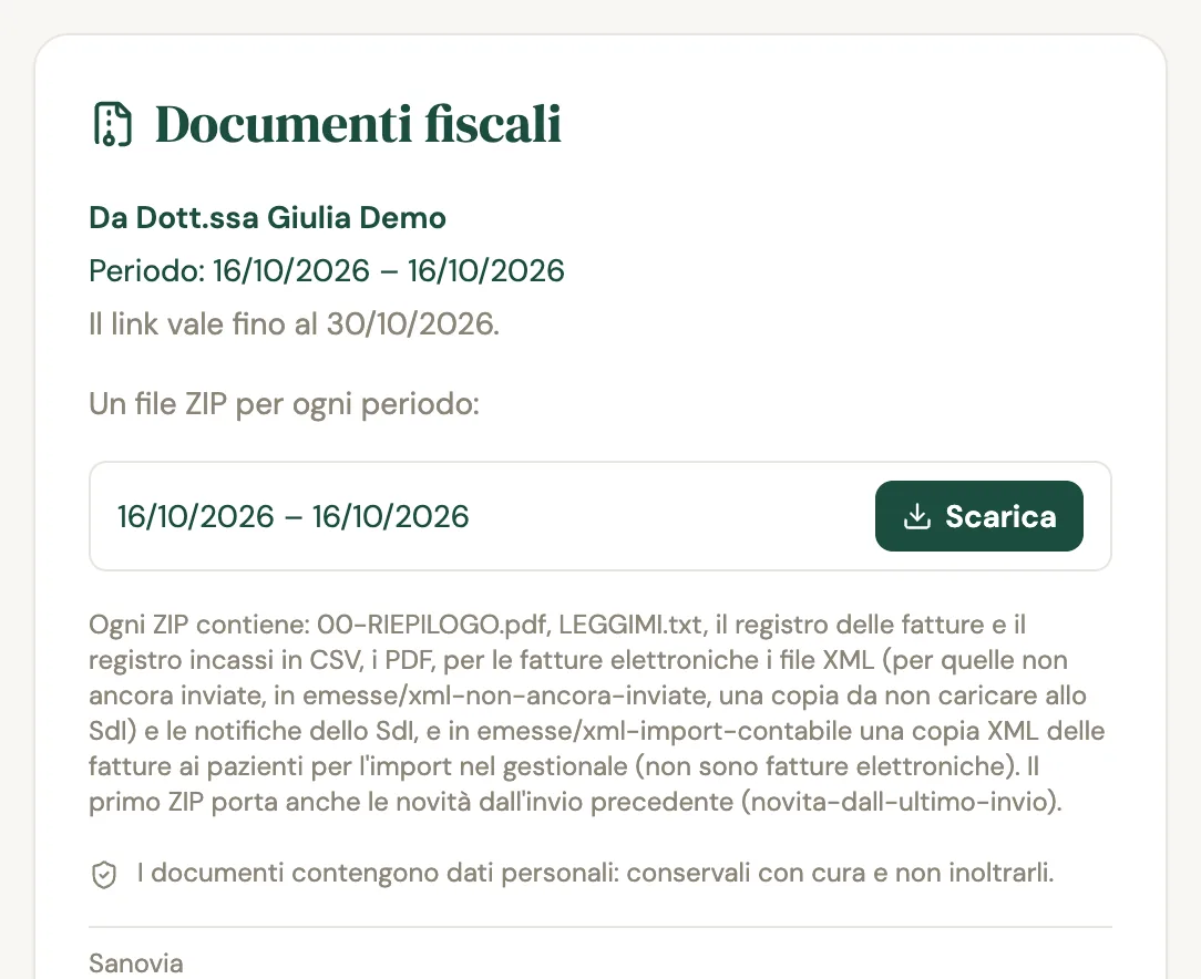 La pagina Documenti fiscali dopo il codice: da Dott.ssa Giulia Demo, il periodo, la scadenza del link, lo ZIP del periodo con il pulsante Scarica e la descrizione del contenuto