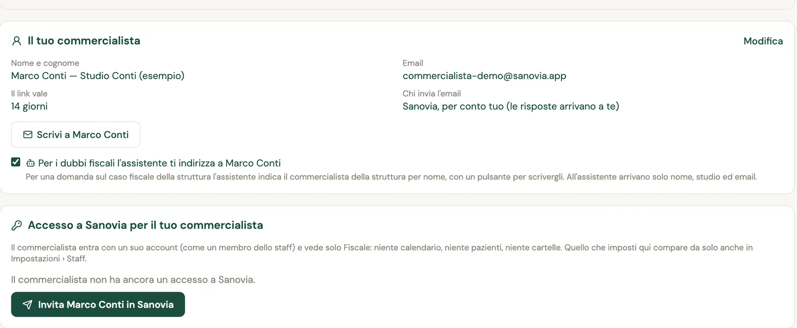 La scheda Commercialista di una struttura con la nota sulle fatture emesse a nome della struttura, il contatto salvato e il pulsante Invita Marco Conti in Sanovia