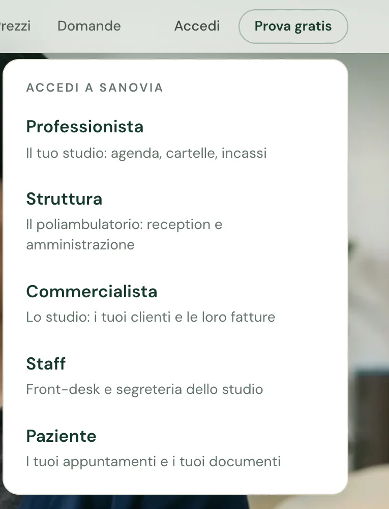 Il menu Accedi a Sanovia con le voci Professionista, Struttura, Commercialista, Staff e Paziente