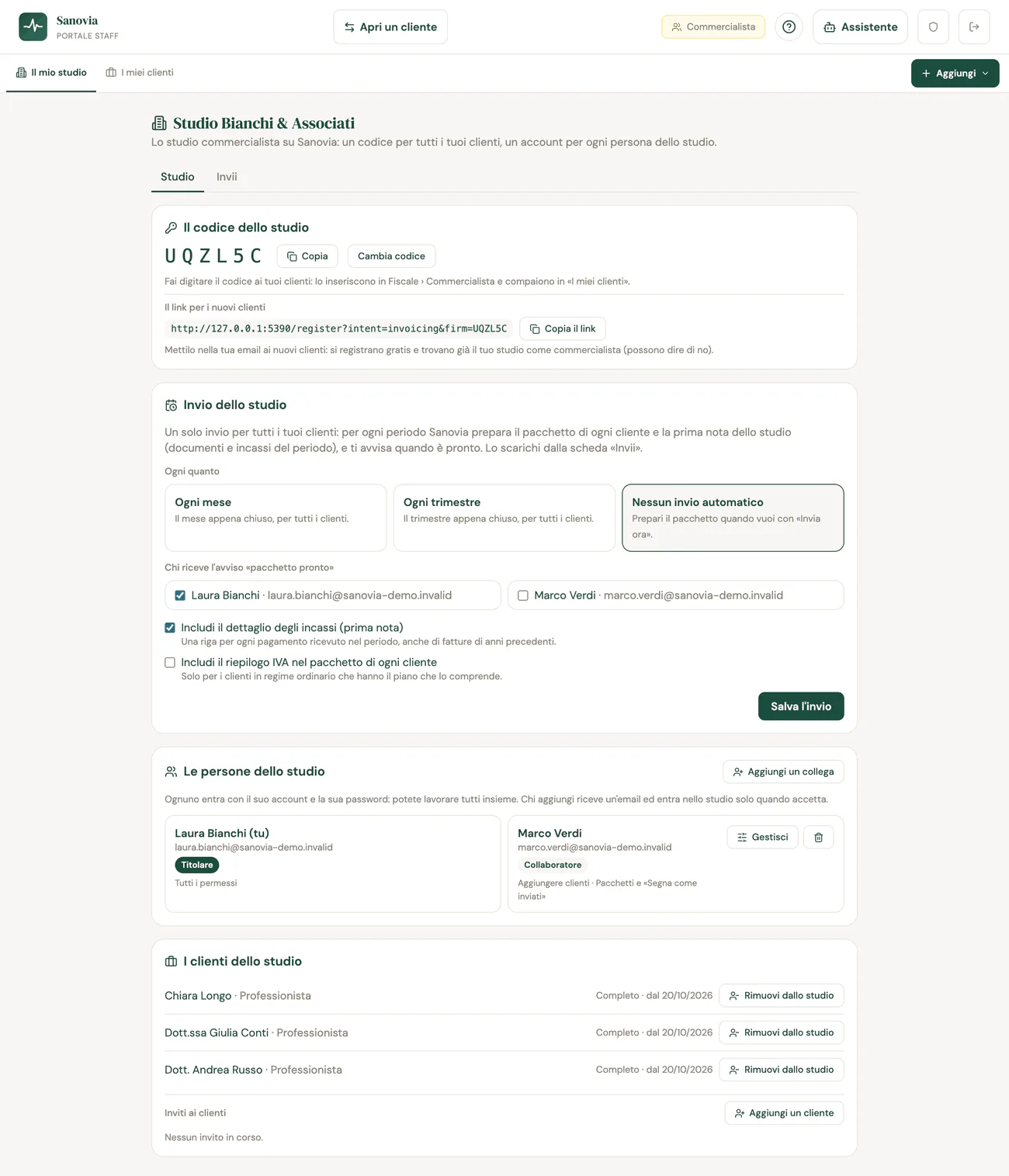 La pagina Il mio studio con il codice, il link per i nuovi clienti, l'invio dello studio, le persone con i ruoli Titolare e Collaboratore e i clienti collegati