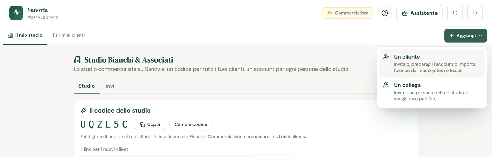 Il menu Aggiungi aperto con le voci Un cliente e Un collega