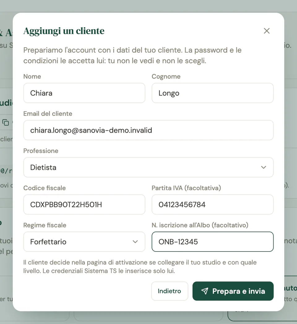 La finestra Prepara l'account con nome, cognome, email, professione, codice fiscale, partita IVA, regime fiscale e numero di iscrizione all'Albo