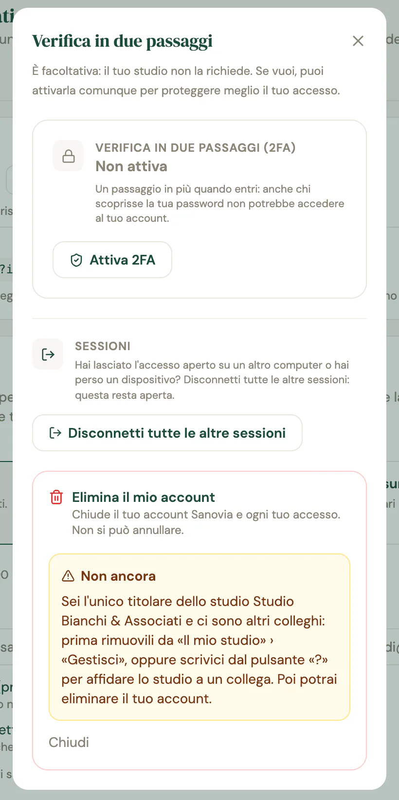 La finestra dell'account con la verifica in due passaggi, la disconnessione delle altre sessioni e la sezione Elimina il mio account con l'avviso Non ancora