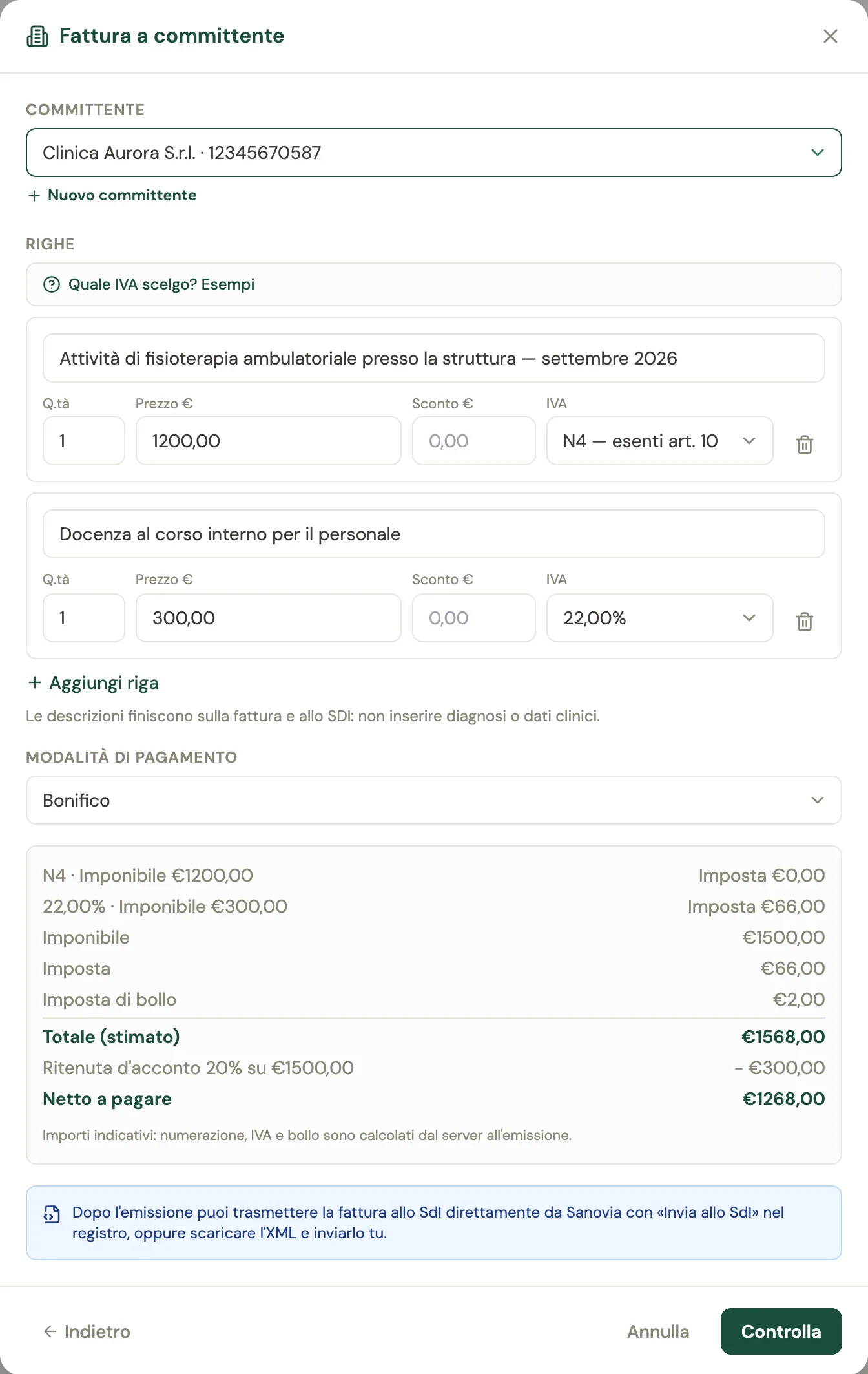 Il modulo Fattura a committente con due righe, una esente N4 da 1200 euro e una al 22 per cento da 300 euro, e il riepilogo con bollo, ritenuta d'acconto del 20 per cento e netto a pagare