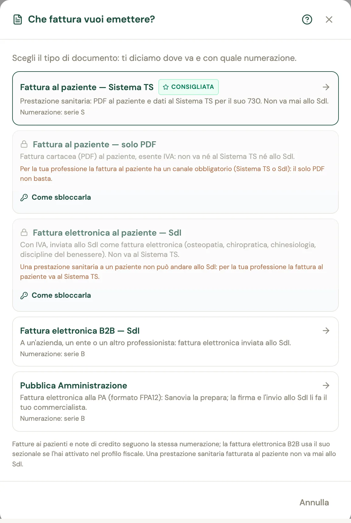 La finestra Che fattura vuoi emettere? con cinque tipi: fattura al paziente Sistema TS consigliata, solo PDF e SdI al paziente bloccate con il motivo, fattura elettronica B2B e Pubblica Amministrazione