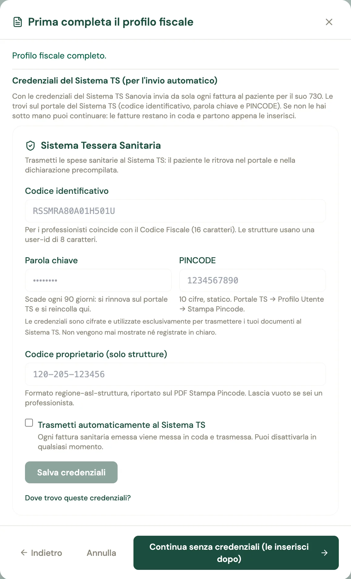 La finestra con le credenziali del Sistema TS: codice identificativo, parola chiave, PINCODE, la casella Trasmetti automaticamente e il pulsante Continua senza credenziali