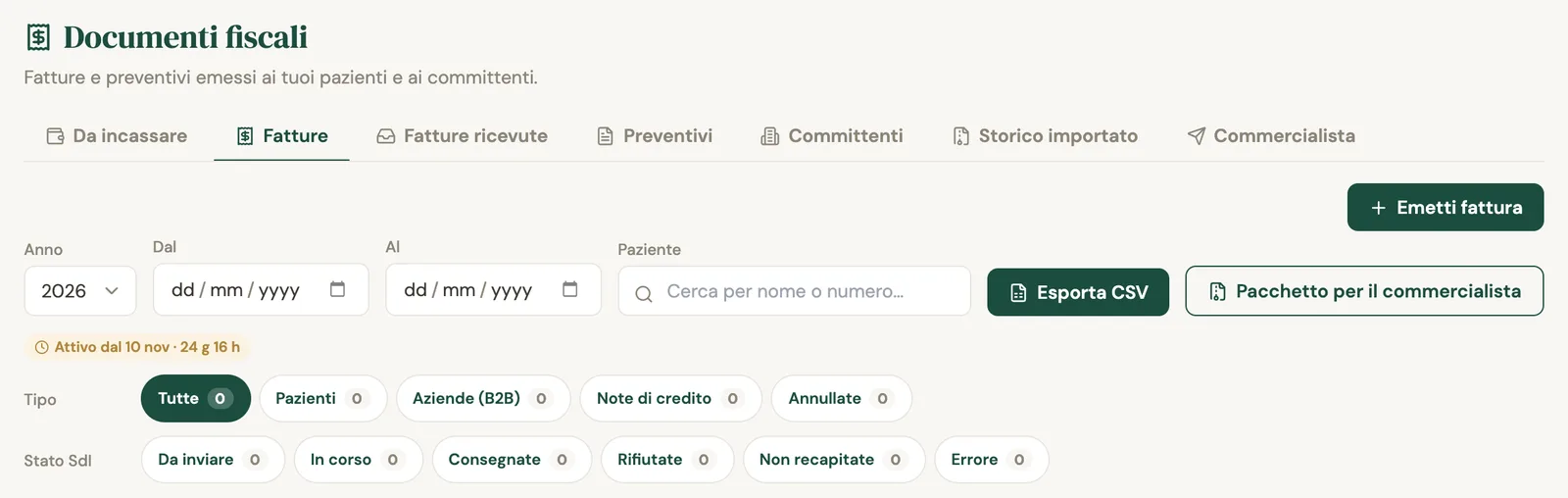La pagina Documenti fiscali di Sanovia con le schede Fatture, Fatture ricevute, Preventivi, Committenti, Storico importato, Commercialista e il pulsante Emetti fattura