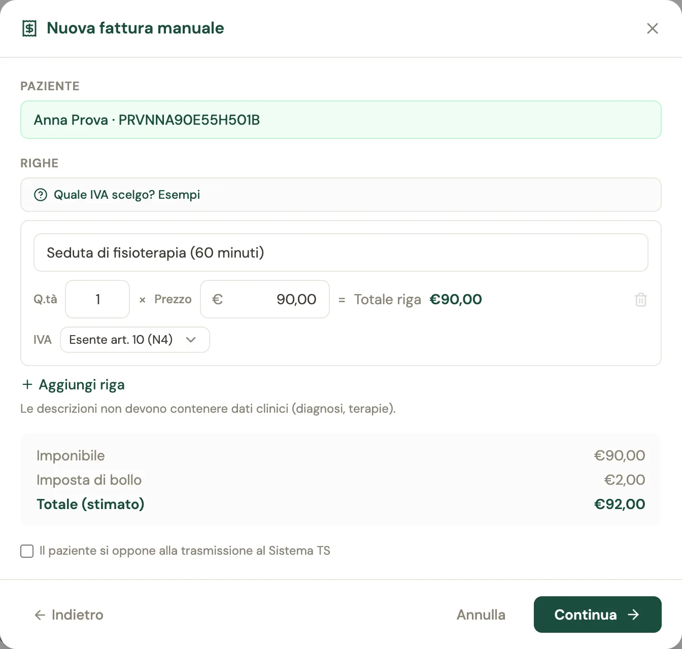 Il modulo Nuova fattura manuale per la paziente Anna Prova con una seduta di fisioterapia da 90 euro esente N4, bollo da 2 euro e la casella Il paziente si oppone alla trasmissione al Sistema TS
