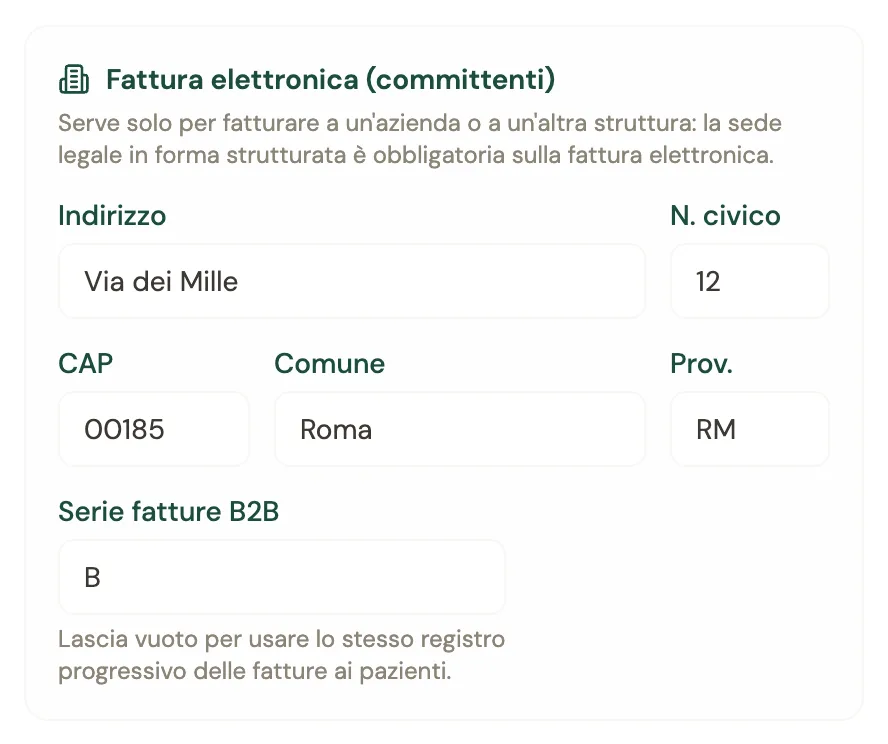 Il riquadro «Fattura elettronica (committenti)» del profilo fiscale con indirizzo, CAP, comune, provincia e la serie fatture B2B «B»