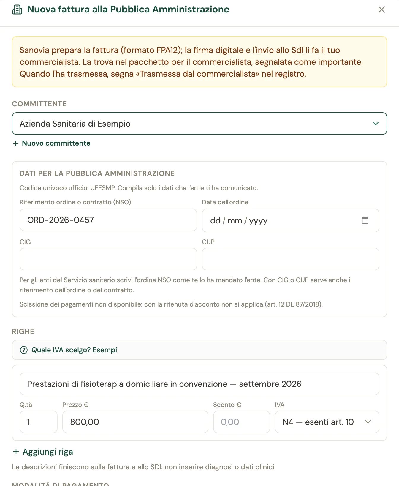 Il modulo Nuova fattura alla Pubblica Amministrazione con l'avviso sulla firma del commercialista, il committente Azienda Sanitaria di Esempio, i dati per la PA con riferimento NSO, data dell'ordine, CIG e CUP, e una riga esente