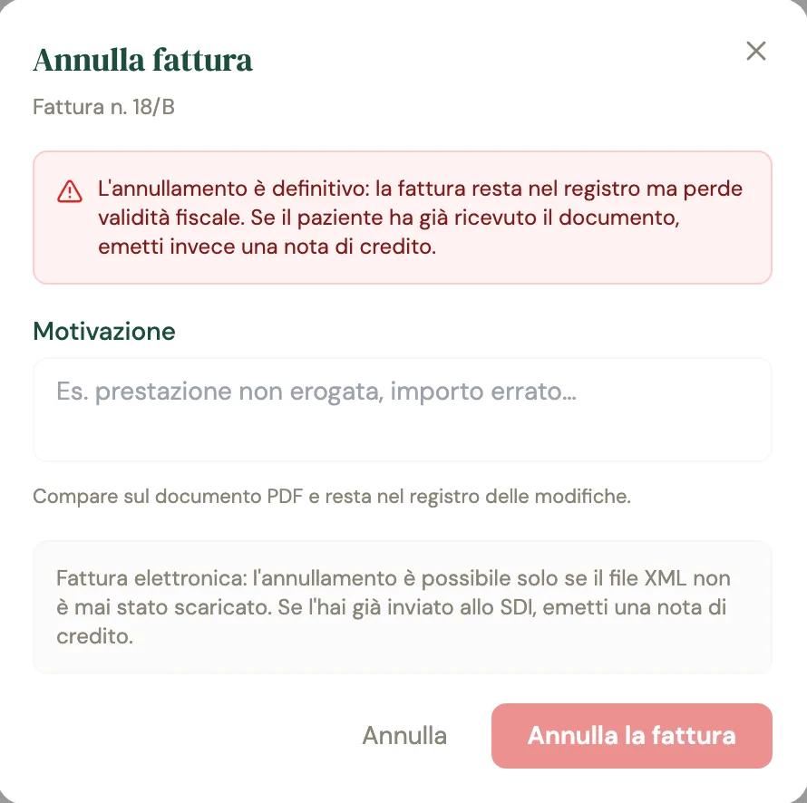 La finestra Annulla fattura per la 18/B con l'avviso che l'annullamento è definitivo, il campo Motivazione e la nota che una fattura elettronica si annulla solo se il file XML non è mai stato scaricato