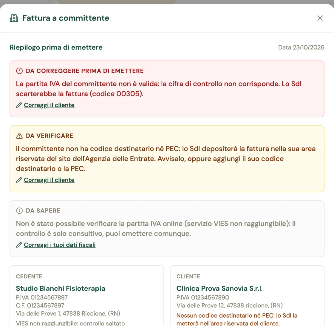 Il Riepilogo prima di emettere con tre riquadri: Da correggere prima di emettere perché la partita IVA del committente non è valida e lo SdI la scarterebbe con codice 00305, Da verificare perché il committente non ha codice destinatario né PEC, Da sapere perché il VIES non è raggiungibile, e i dati di cedente e cliente