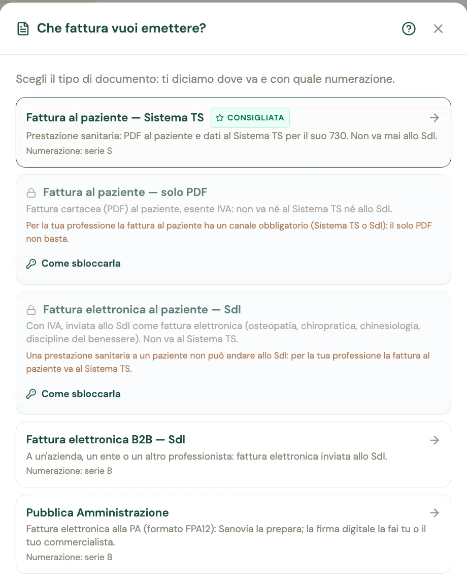 La finestra Che fattura vuoi emettere? con la fattura al paziente Sistema TS consigliata, le fatture al paziente solo PDF e SdI chiuse con il motivo, la fattura elettronica B2B e la Pubblica Amministrazione