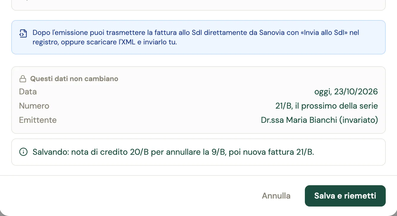 La parte bassa del modulo: Questi dati non cambiano, con la data di oggi, il numero 21/B e l'emittente, poi Salvando: nota di credito 20/B per annullare la 9/B, poi nuova fattura 21/B, e il pulsante Salva e riemetti