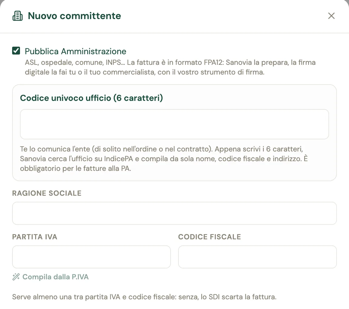 La finestra Nuovo committente con la casella Pubblica Amministrazione spuntata, il campo Codice univoco ufficio di 6 caratteri con la spiegazione su IndicePA e i campi ragione sociale, partita IVA e codice fiscale