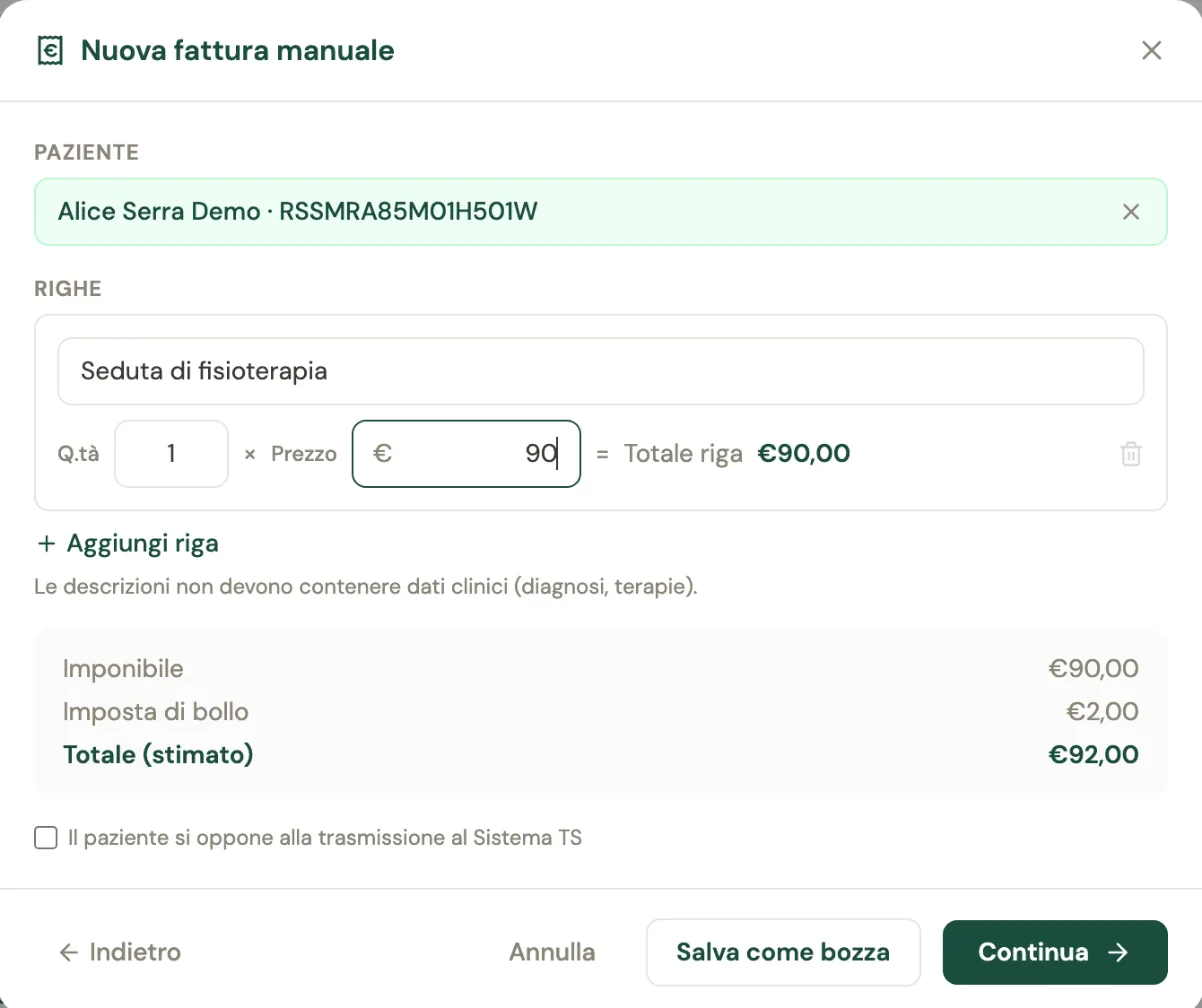 Il modulo Nuova fattura manuale con la paziente di prova Alice Serra Demo, una seduta di fisioterapia da 90 euro, l'imposta di bollo da 2 euro, il totale di 92 euro e la casella Il paziente si oppone alla trasmissione al Sistema TS