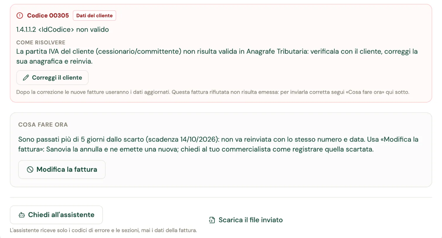 Il secondo errore, codice 00305 sui dati del cliente, con Correggi il cliente, poi il riquadro Cosa fare ora: sono passati più di 5 giorni dallo scarto, usa Modifica la fattura, e i pulsanti Chiedi all'assistente e Scarica il file inviato