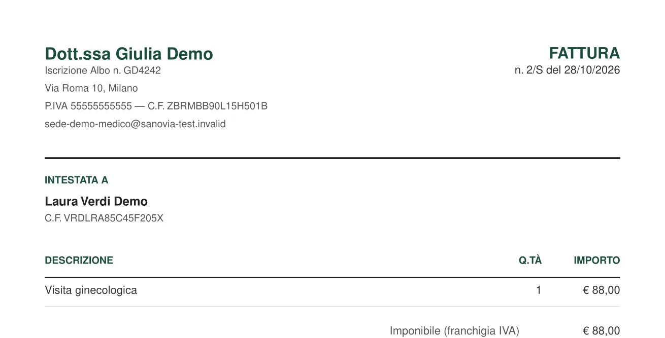 Intestazione della fattura n. 2/S di Dott.ssa Giulia Demo con l'indirizzo Via Roma 10, Milano