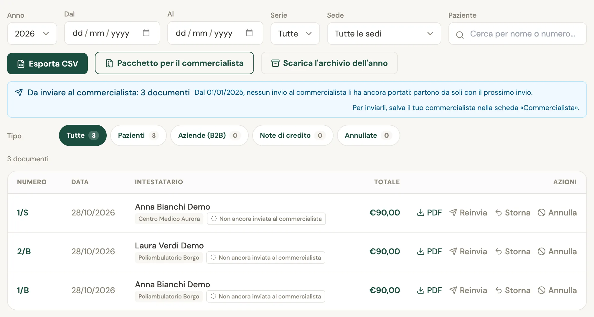 Il registro Fiscale → Fatture con il filtro Sede su Tutte le sedi e tre righe: 1/S a Centro Medico Aurora, 2/B e 1/B a Poliambulatorio Borgo