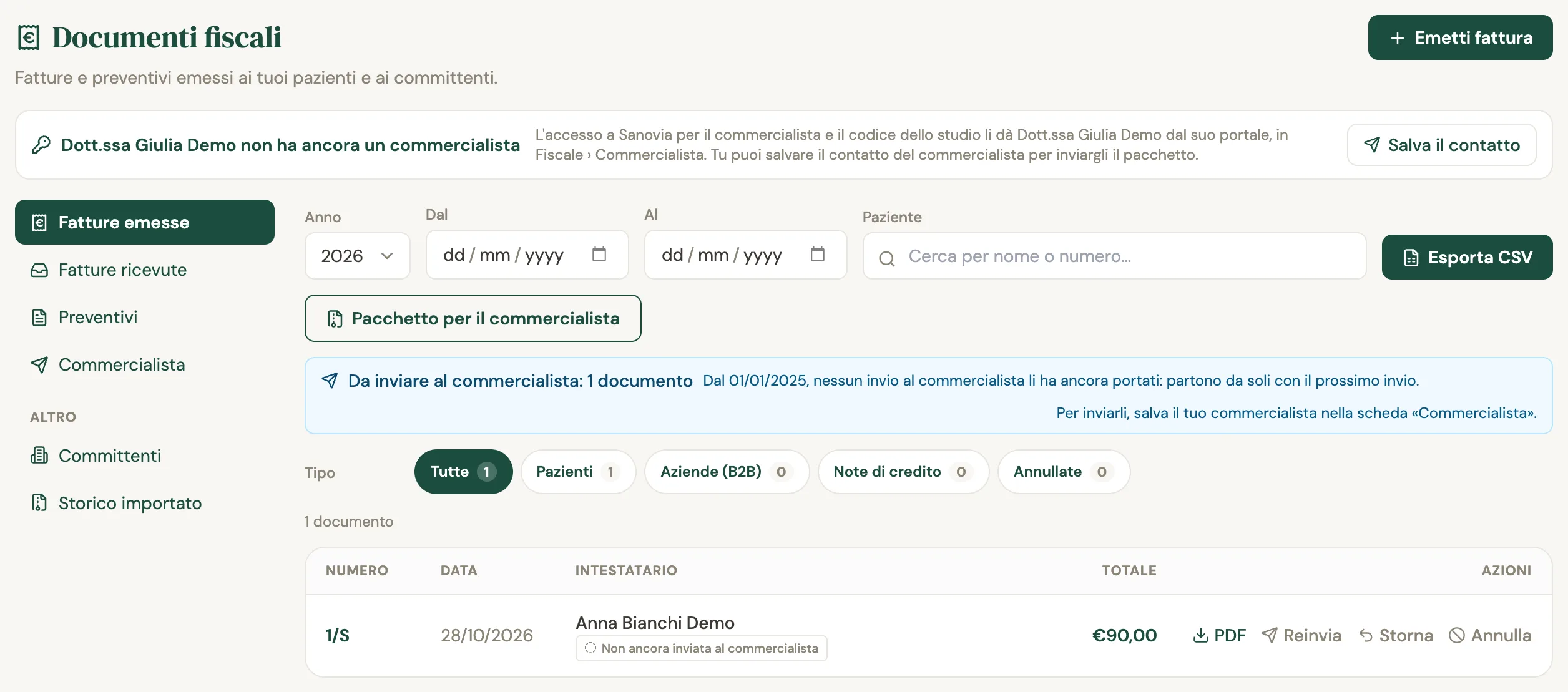 Il portale della segreteria con accesso alla sola sede Aurora: il registro Fatture emesse mostra un solo documento, 1/S di Centro Medico Aurora