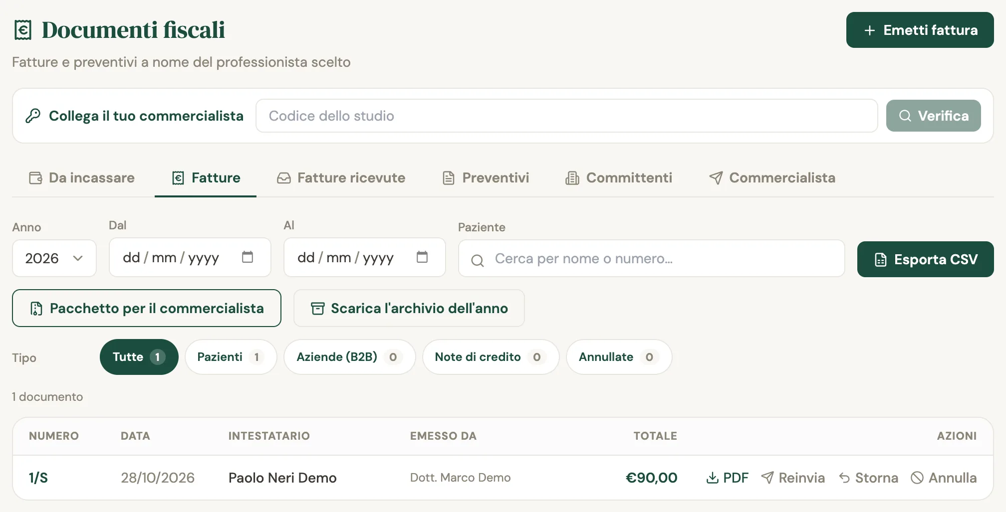Il registro Fiscale della struttura: un solo documento, 1/S di Paolo Neri Demo emesso da Dott. Marco Demo nella sede della struttura