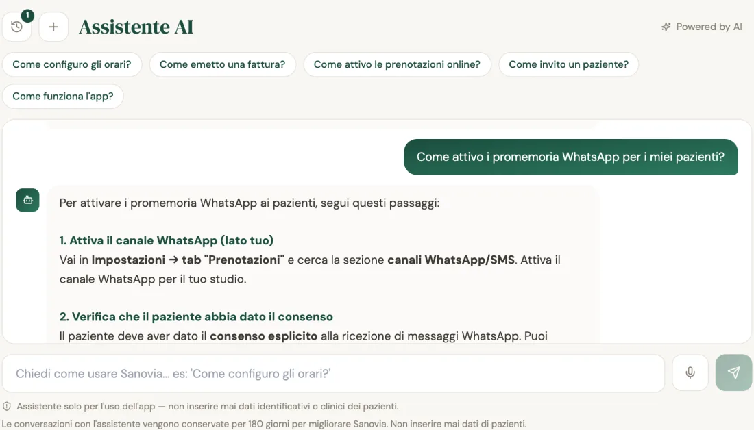 L’Assistente AI incluso in Sanovia: domande suggerite e risposte passo passo sull’uso dell’app