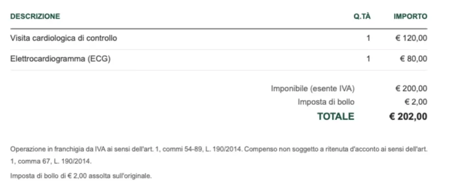 Il fondo di una fattura Sanovia: imponibile esente IVA 200 euro, imposta di bollo 2 euro, totale 202 euro