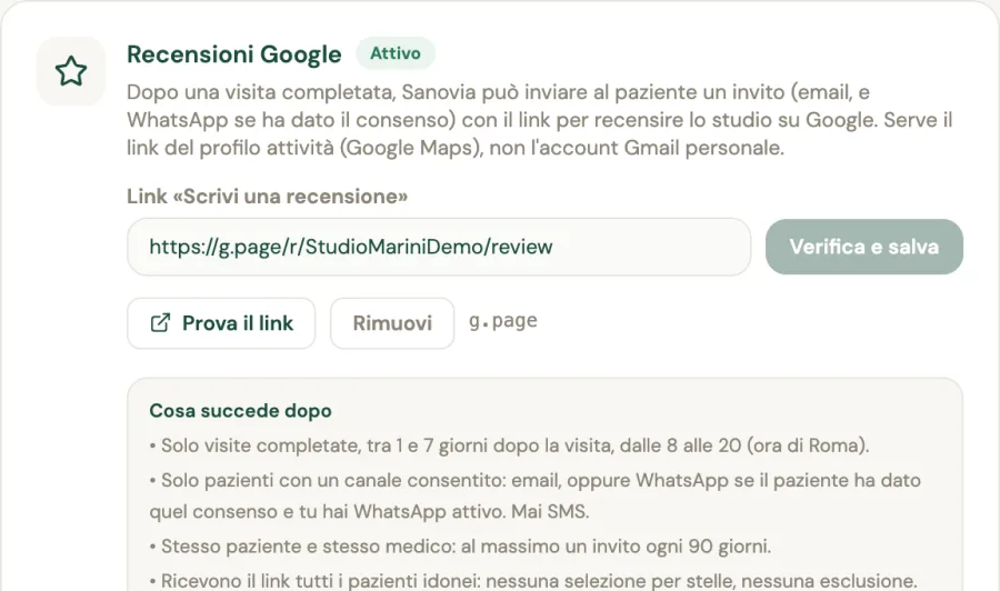 L’impostazione Recensioni Google di Sanovia: dopo una visita completata il paziente riceve l’invito a recensire lo studio