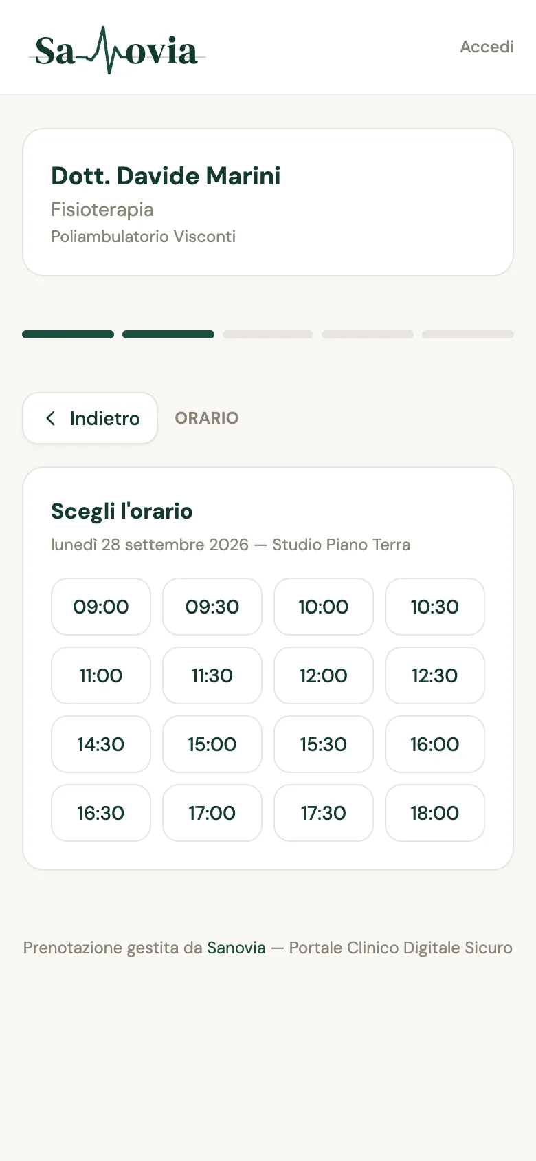 La pagina di prenotazione online di un professionista, sul telefono: il paziente sceglie l’orario tra quelli liberi
