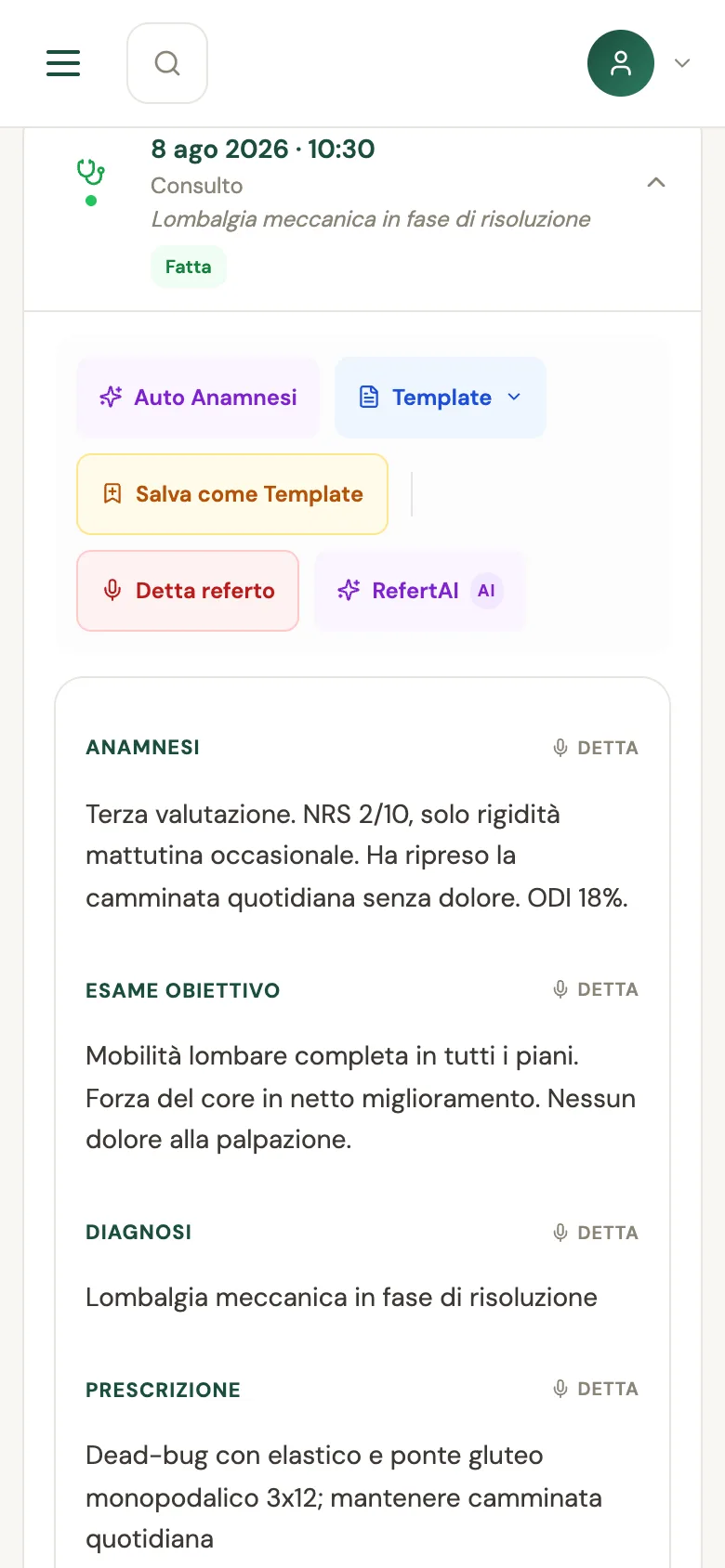 Sul telefono: lo stesso referto, con anamnesi, esame obiettivo e diagnosi