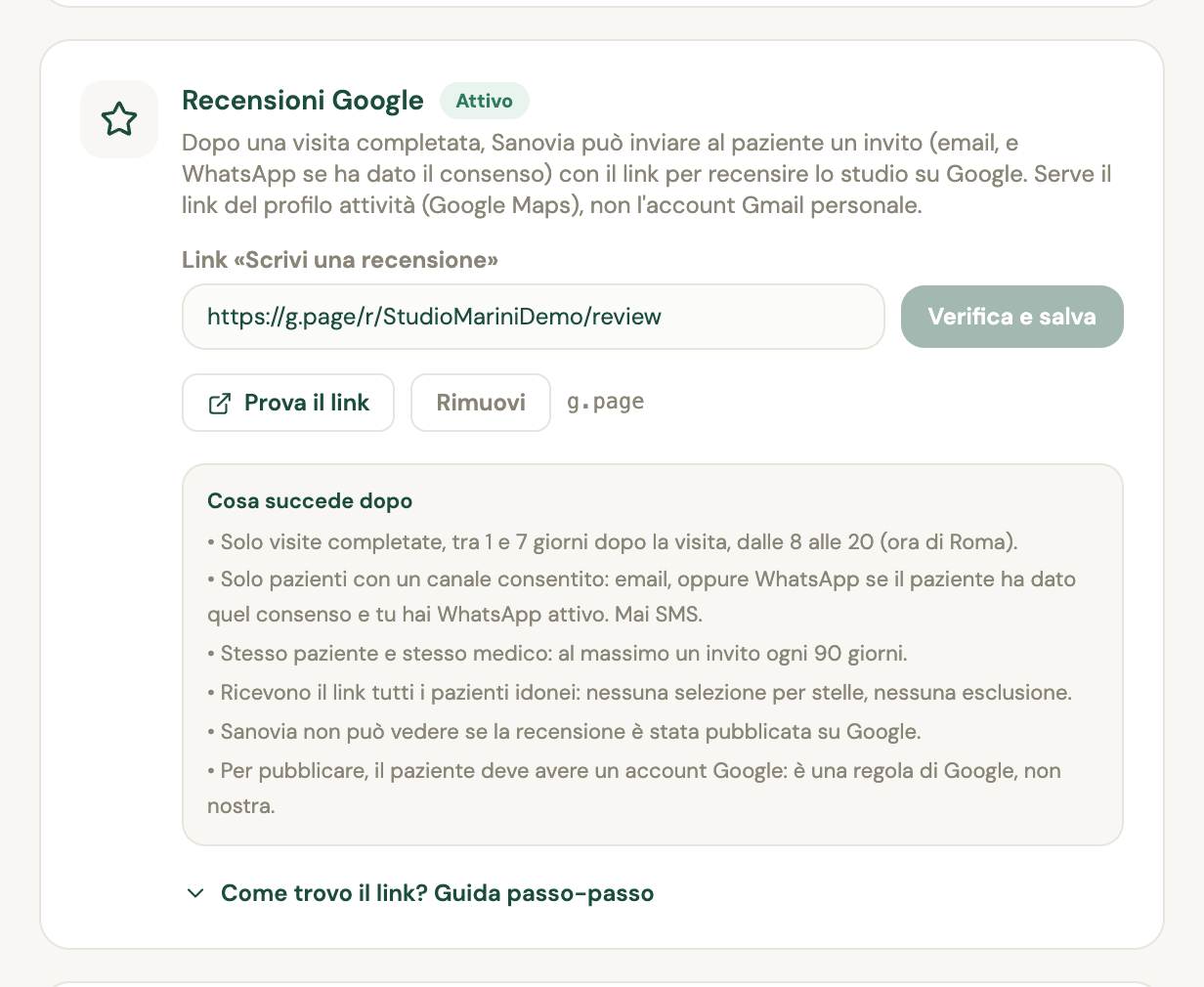 La card «Recensioni Google» in Impostazioni → Prenotazioni: il link incollato, lo stato «Attivo» e le regole che seguono