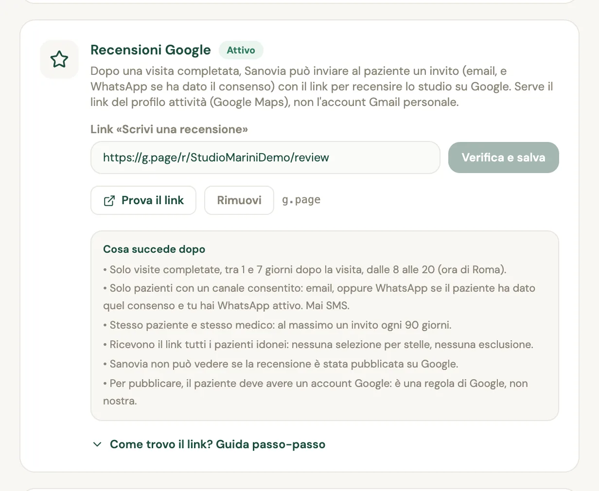 La card «Recensioni Google» in Impostazioni → Prenotazioni: il link incollato, lo stato «Attivo» e le regole che seguono